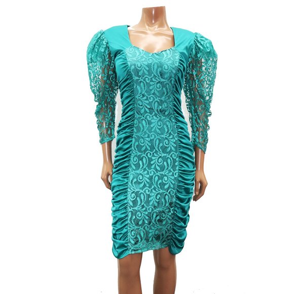 Mavens of California Vintage Body Con 80s Ruche Party Dress Puff Lace Sleeve 7 - Picture 2 of 10